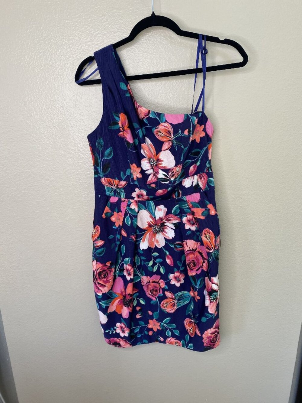 Eliza J Floral One-Shoulder Dress 10P Blue Pink Sleeveless Cocktail Party Polyes